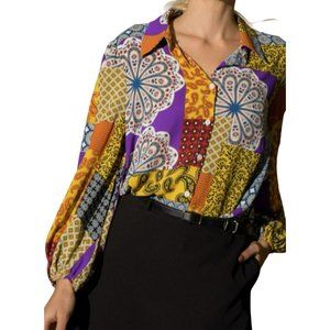 Lena Patchwork Multicolor Button Up Blouse Mustard Purple Size Small NWT